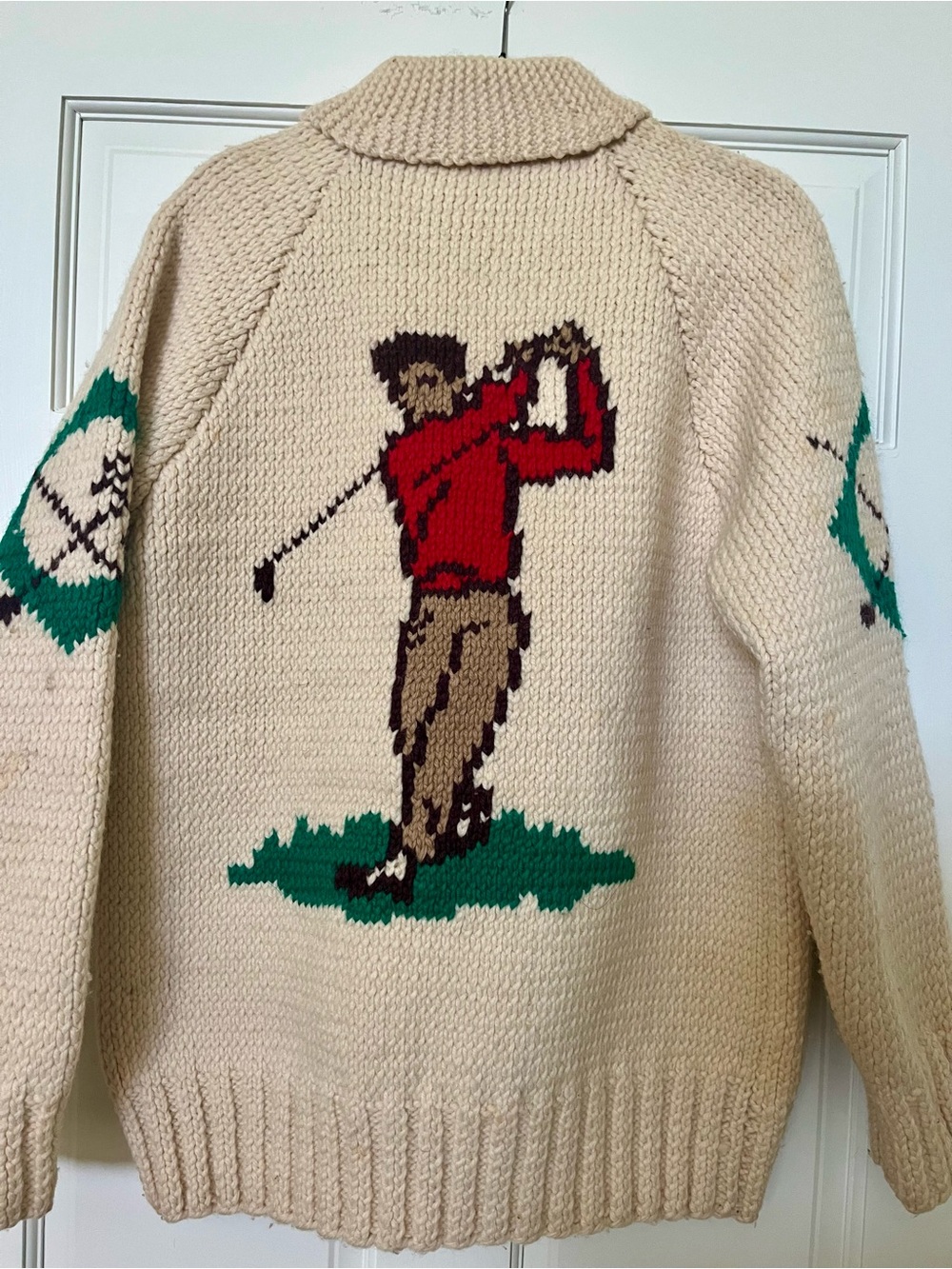 Vintage 1960s Hand Knit Golf Cowichan Sweater Jacket, Lined Chunky Wool Novelty - Picture 5 of 12